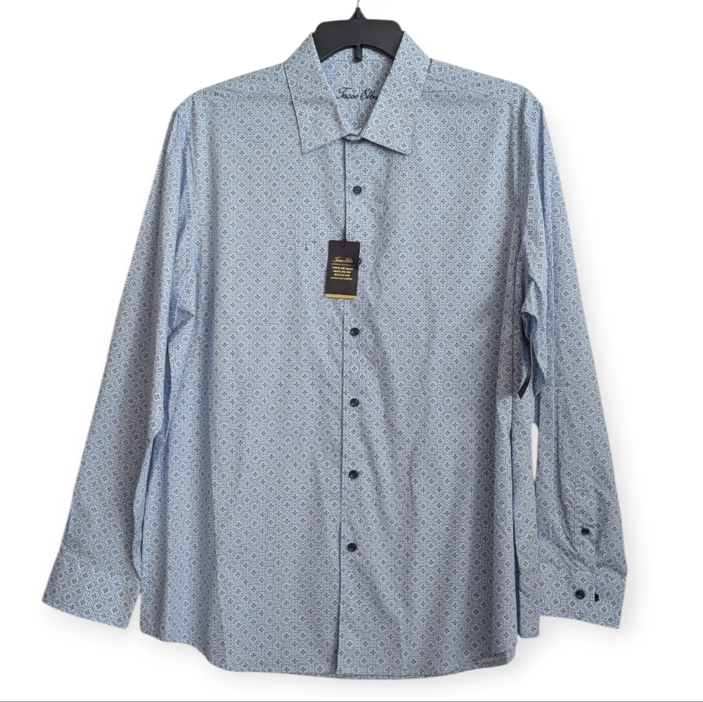 NEW Tasso Elba Mens Blue Print Dress Casual Button Up Novelty Woven Shirt XL